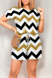 Black Casual Ripple Print Draw String Pocket O Neck Loose Rompers
