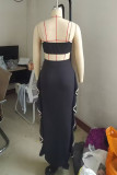 Pink Celebrities Hollow Out Patchwork Backless Ruffled Trim Spaghetti Strap Sleeveless Two Pieces