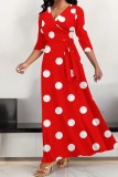 Red Casual Polka Dot Print Patchwork Belted V Neck Long Dresses
