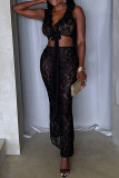 Yellow Sexy Solid Color Lace Hollow Out Patchwork Strap Design Deep V Neck Sleeveless Two Pieces