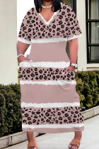 Pink Street Print Pocket Patchwork V Neck Straight Plus Size Dresses