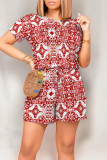 Black Casual Street National Totem Print Draw String Pocket O Neck Loose Rompers