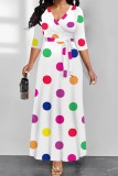 Red Casual Polka Dot Print Patchwork Belted V Neck Long Dresses