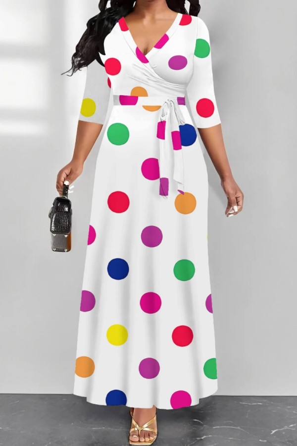 White Casual Polka Dot Print Patchwork Belted V Neck Long Dresses