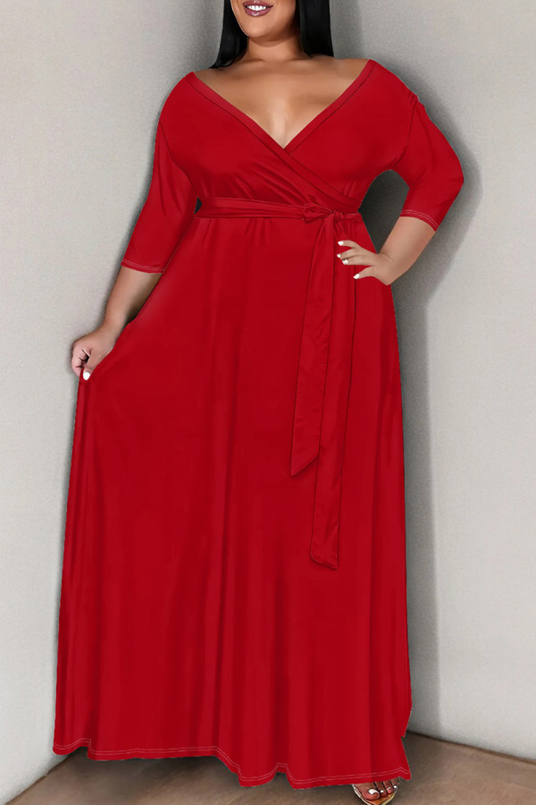 Red Elegant Solid Color Patchwork Strap Design V Neck Long Plus Size Dresses