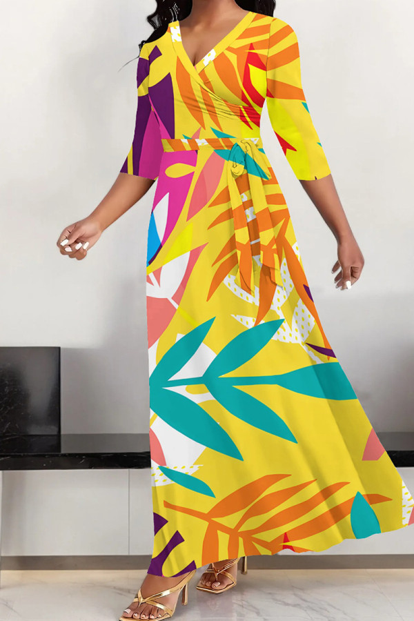 Yellow Elegant Print Patchwork Strap Design V Neck Long Dresses