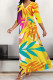 Yellow Elegant Print Patchwork Strap Design V Neck Long Dresses