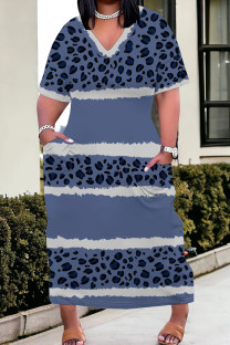 Gray Blue Street Print Pocket Patchwork V Neck Straight Plus Size Dresses