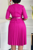 Red Elegant Solid Color Patchwork Ruched With Belt V Neck Long Dresses