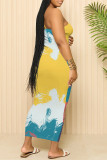 Yellow Purple Sexy Gradient Print Contrast Printed Dresses