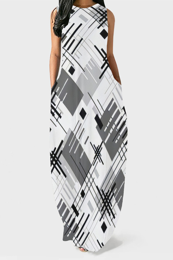 Grey Casual Daily Striped Print Pocket Contrast O Neck Vest Dresses