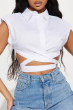 White Street Solid Color Hollow Out Buckle Patchwork Turndown Collar T-Shirts