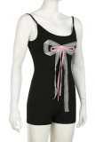 Black Sexy Print Patchwork Backless Bow Decor Spaghetti Strap Skinny Rompers