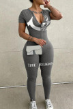 Grey Casual Print Patchwork Zipper Zipper Collar Skinny Jumpsuits