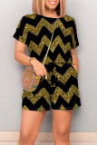 Black Casual Ripple Print Draw String Pocket O Neck Loose Rompers