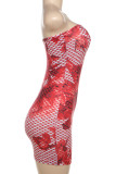 Red Sexy Print Hollow Out Patchwork Backless Strapless Sheath Dresses