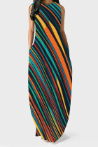 Multi-color Casual Daily Striped Print Pocket Contrast O Neck Vest Dresses