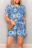 Black Casual Street National Totem Print Draw String Pocket O Neck Loose Rompers
