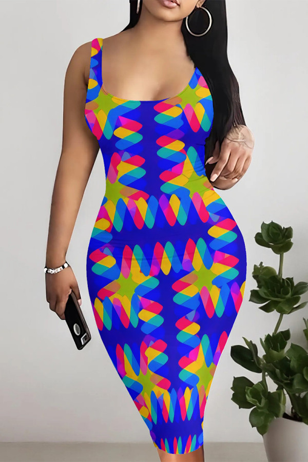 Blue Sexy Geometric Print Contrast U Neck Printed Dresses