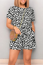 Grey Casual Leopard Print Draw String Pocket O Neck Loose Rompers
