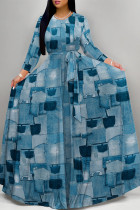 The cowboy blue Elegant Gradient Print Camouflage Print Letter Print Faux Denim Print Lace Up Contrast O Neck Printed Dresses