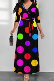 Red Casual Polka Dot Print Patchwork Belted V Neck Long Dresses