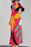 Red Elegant Print Patchwork Strap Design V Neck Long Dresses