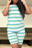 Turquoise Casual Stripe Patchwork O Neck Short Sleeve Two Pieces