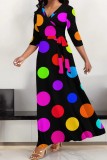 Red Casual Polka Dot Print Patchwork Belted V Neck Long Dresses