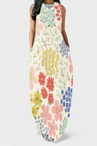 Cream White Casual Street Floral Print Pocket O Neck Vest Dresses