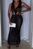 Yellow Sexy Solid Color Lace Hollow Out Patchwork Strap Design Deep V Neck Sleeveless Two Pieces