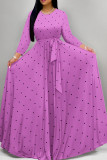 Burgundy Elegant Polka Dot Patchwork Strap Design O Neck Long Dresses