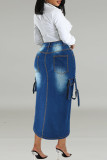 Blue Street Pocket Buttons Patchwork High Slit Zipper Straight Plus Size 