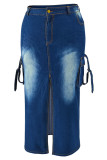 Blue Street Pocket Buttons Patchwork High Slit Zipper Straight Plus Size 
