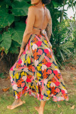 Red Elegant Print Hollow Out Patchwork Backless Strap Design Halter Long Dresses