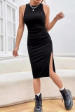 Black Sexy Solid Color Patchwork Slit O Neck Wrapped Skirt Dresses
