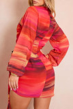 Red Sexy Print Patchwork Strap Design V Neck Wrapped Skirt Dresses