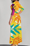Red Elegant Print Patchwork Strap Design V Neck Long Dresses
