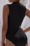 Black Sexy Solid Color Patchwork O Neck Skinny Bodysuits