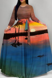 Deep Blue Elegant Print Patchwork Strap Design O Neck Long Dresses