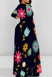 Deep Blue Elegant Print Patchwork Strap Design O Neck Long Dresses