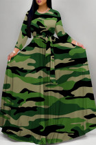 Camouflage Elegant Gradient Print Camouflage Print Letter Print Faux Denim Print Lace Up Contrast O Neck Printed Dresses
