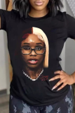Black Casual Street Figure Print O Neck T-Shirts