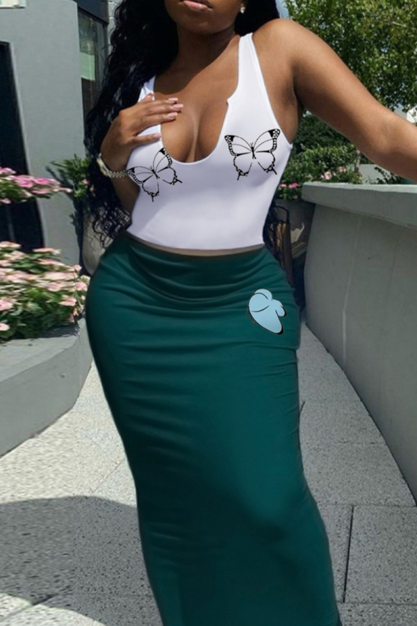 White Green Casual Print Patchwork Deep V Neck Sleeveless Two Pieces