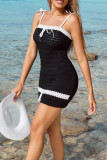 Black Sexy Patchwork Backless Strap Design Spaghetti Strap Wrapped Skirt Dresses