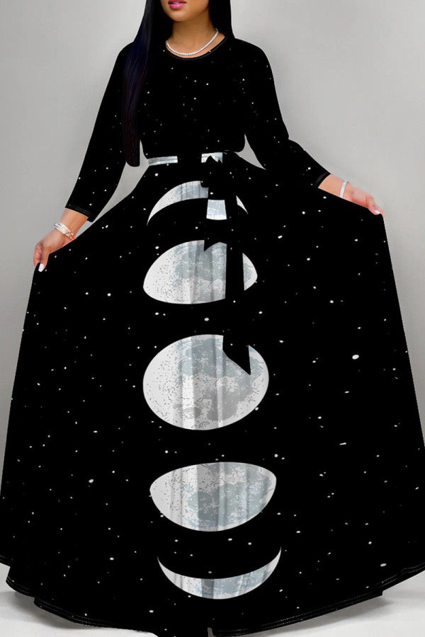 Black Elegant Print Patchwork Strap Design O Neck Long Dresses