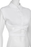 White Street Solid Color Hollow Out Buckle Patchwork Turndown Collar T-Shirts
