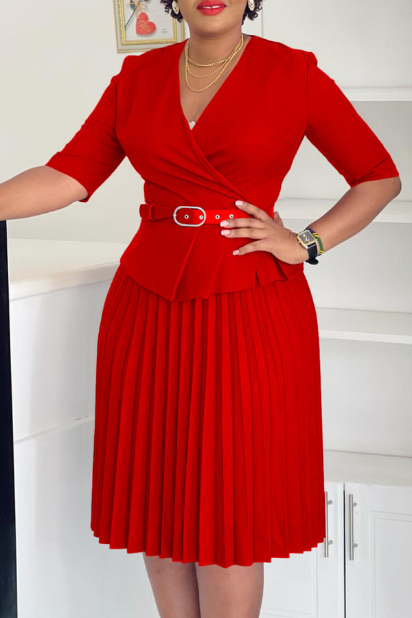 Red Elegant Solid Color Patchwork Ruched With Belt V Neck Long Dresses