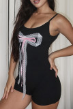 Black Sexy Print Patchwork Backless Bow Decor Spaghetti Strap Skinny Rompers