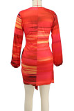 Red Sexy Print Patchwork Strap Design V Neck Wrapped Skirt Dresses